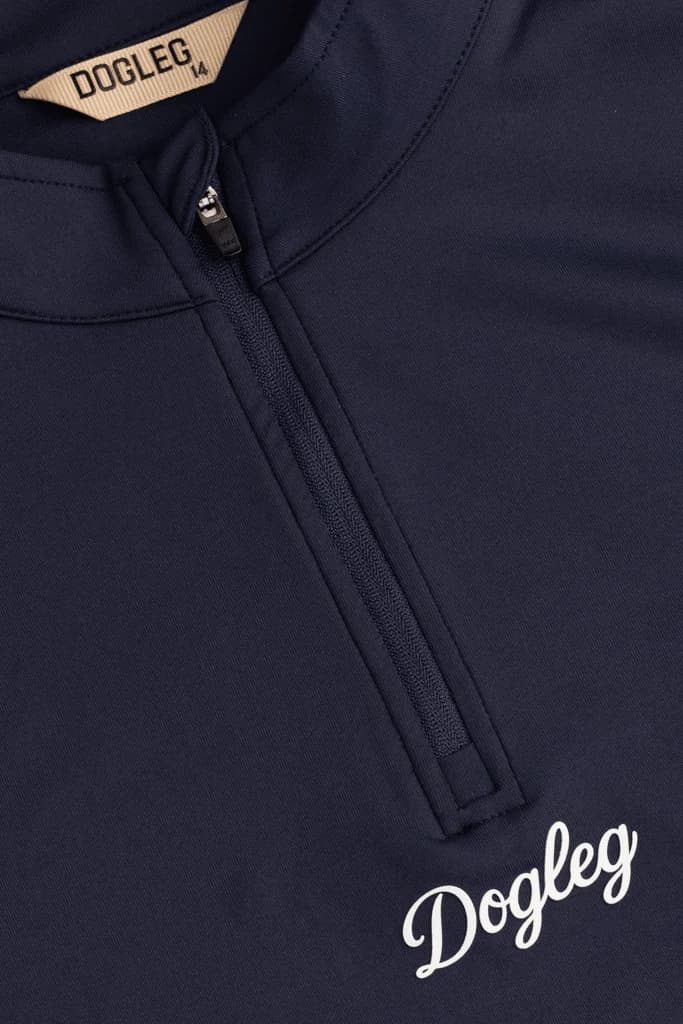 Close-up of the collar and zip on the junior Links Edition quarter zip