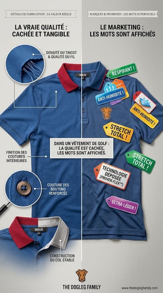 Infographic contrasting a polo’s real quality — knit density, inner seams, reinforced buttons, a stable collar — with the marketing promises stuck on as labels